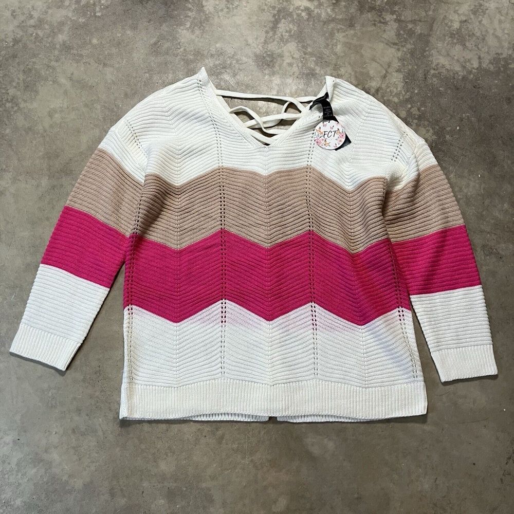 Ashley Stewart Sweater Womens 2X Lace Up Back Multicolor Jagged Vibes